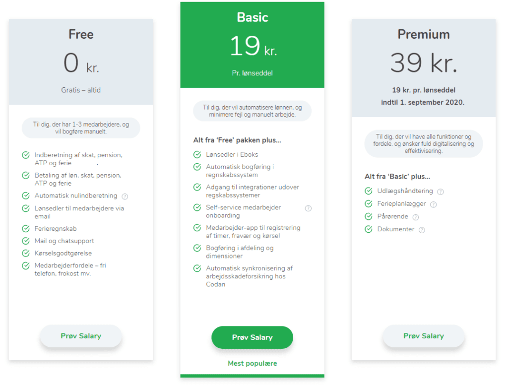 screenshot af Salary priser - Free / Basic 19 kr / Premium 39 kr