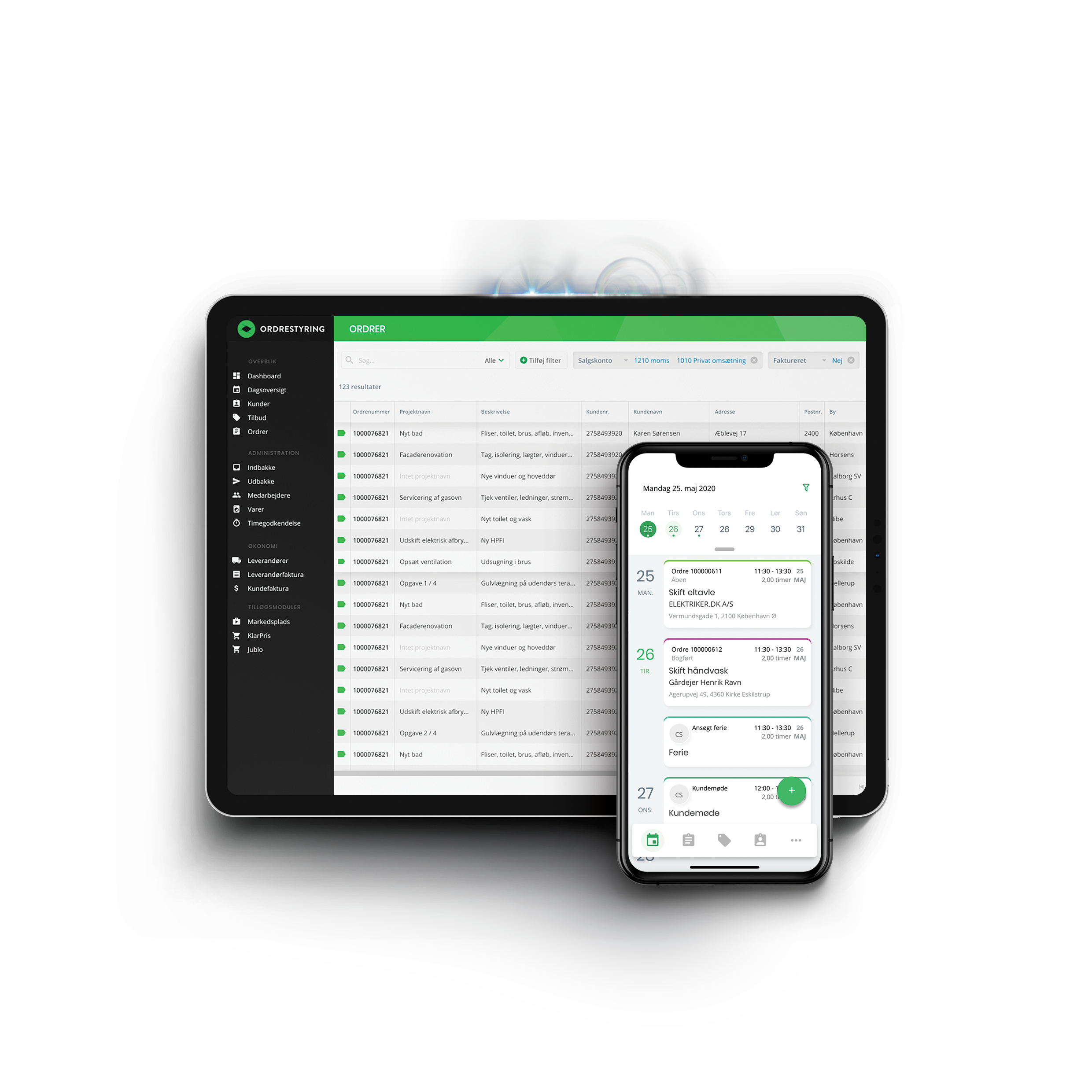 Tablet og smartphone der viser Ordrestyrings systemet