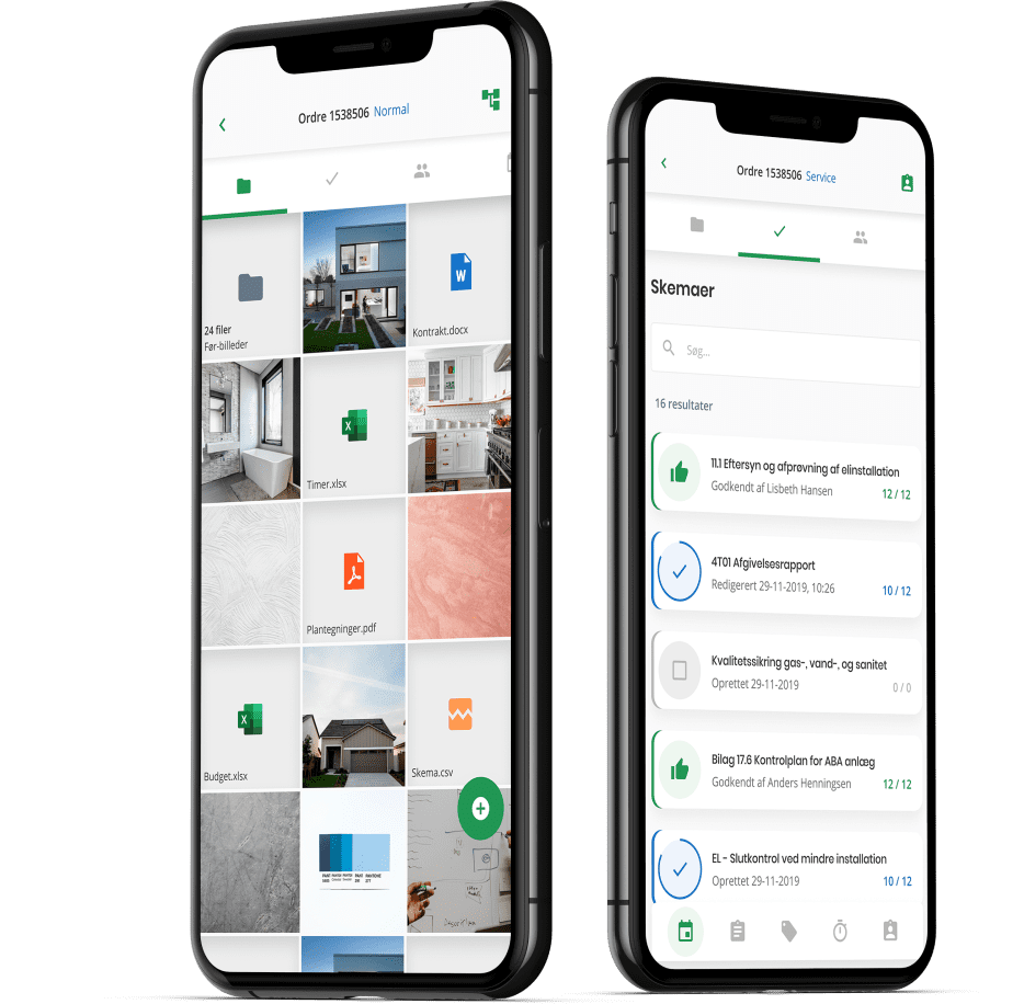To iPhones der viser fotodokumentation og kvalitetssikringsskemaer i Ordrestyrings app'en