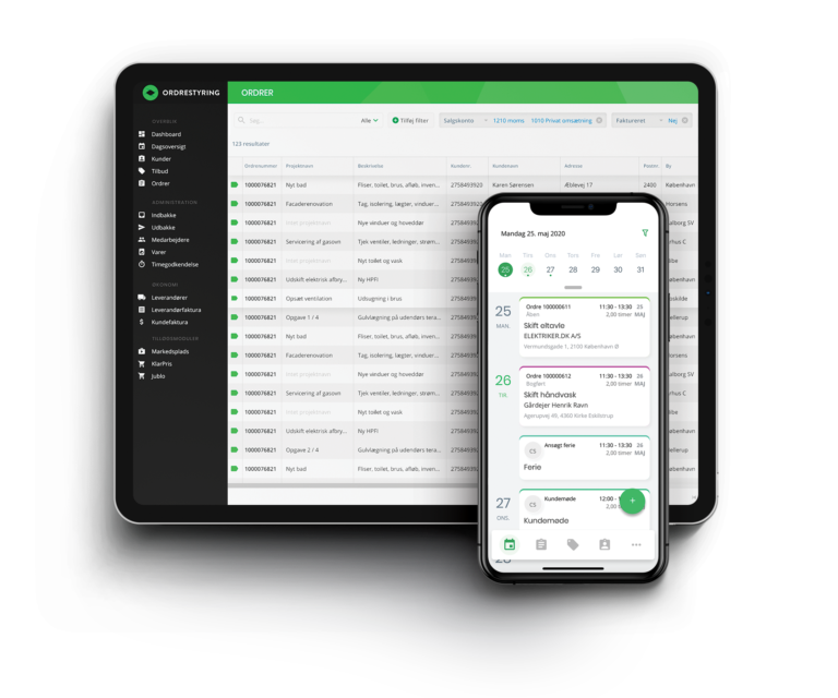 screenshot af ordrestyring systemet og appen i tablet og mobile
