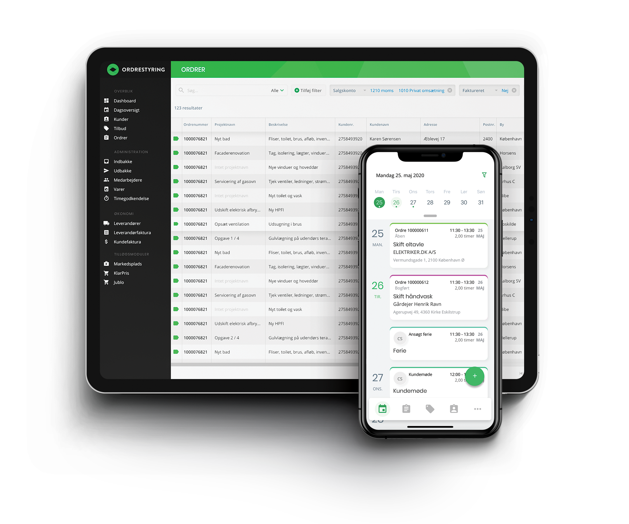 screenshot af ordrestyring systemet og appen i tablet og mobile