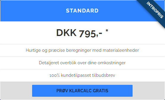 KlarCalc standard prisoversigt