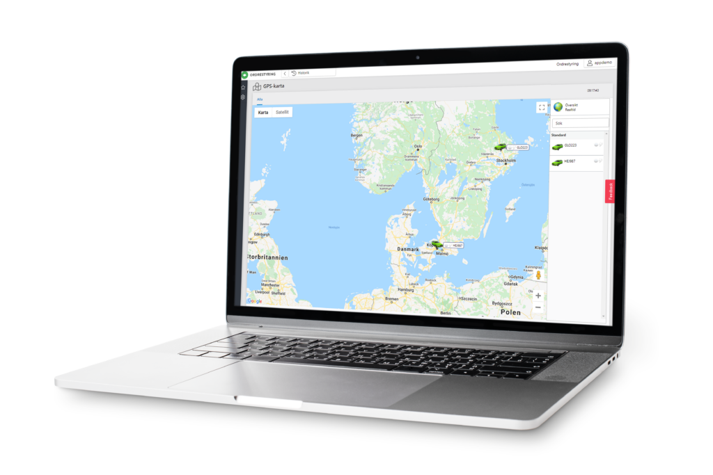 Bærbar computer der viser et kort over Danmark, Norge og Sverige