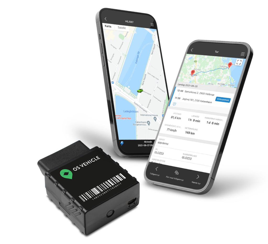 To mobiler der viser OS Vehicle i aktion samt den fysiske GPS-boks der skal installeres i bilen