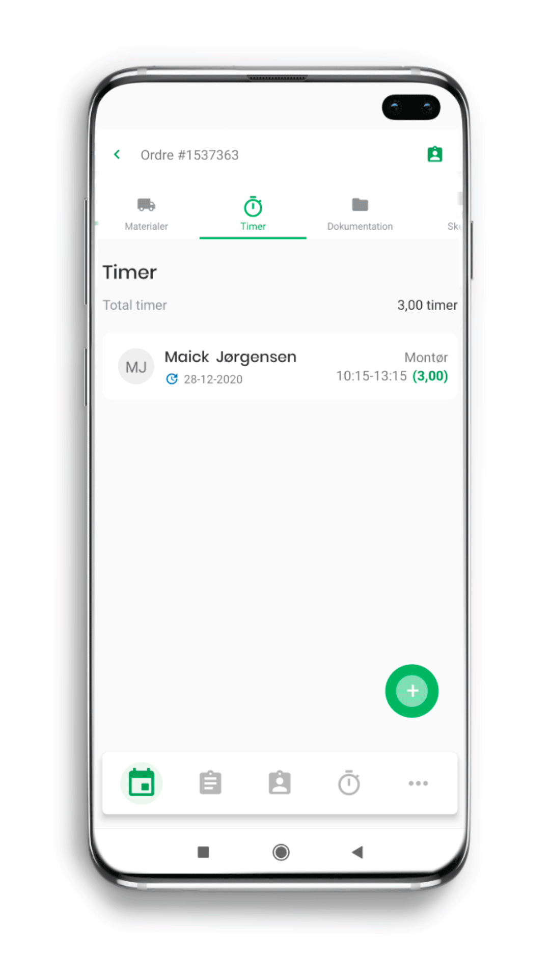 Mobil der viser hvordan man registrerer en time i Ordrestyrings appen