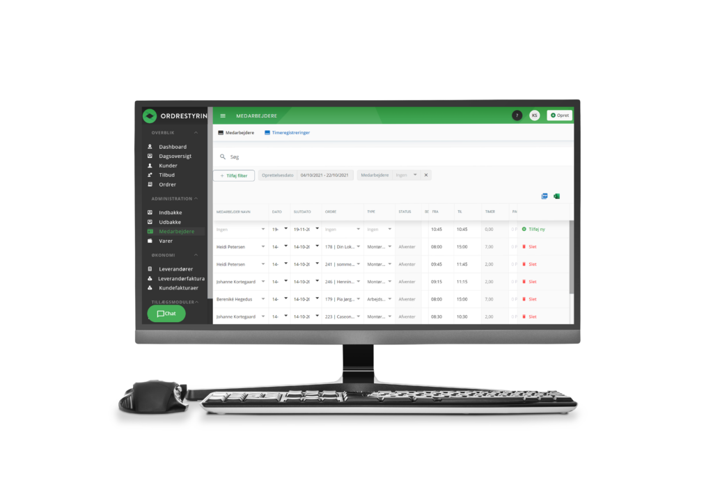 En computerskærm der viser håndværkernes timeregistreringer og timesedler i Ordrestyring