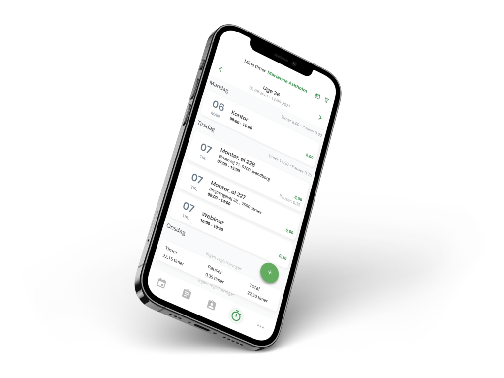 Sort smartphone der viser oversigt over registrerede timer i Ordrestyrings appen