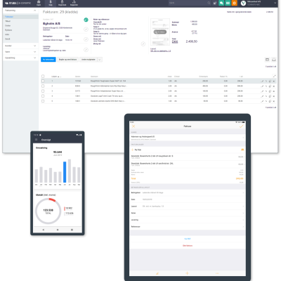 Skærmbilleder fra regnskabsprogrammet e-conomic på forskellige devices
